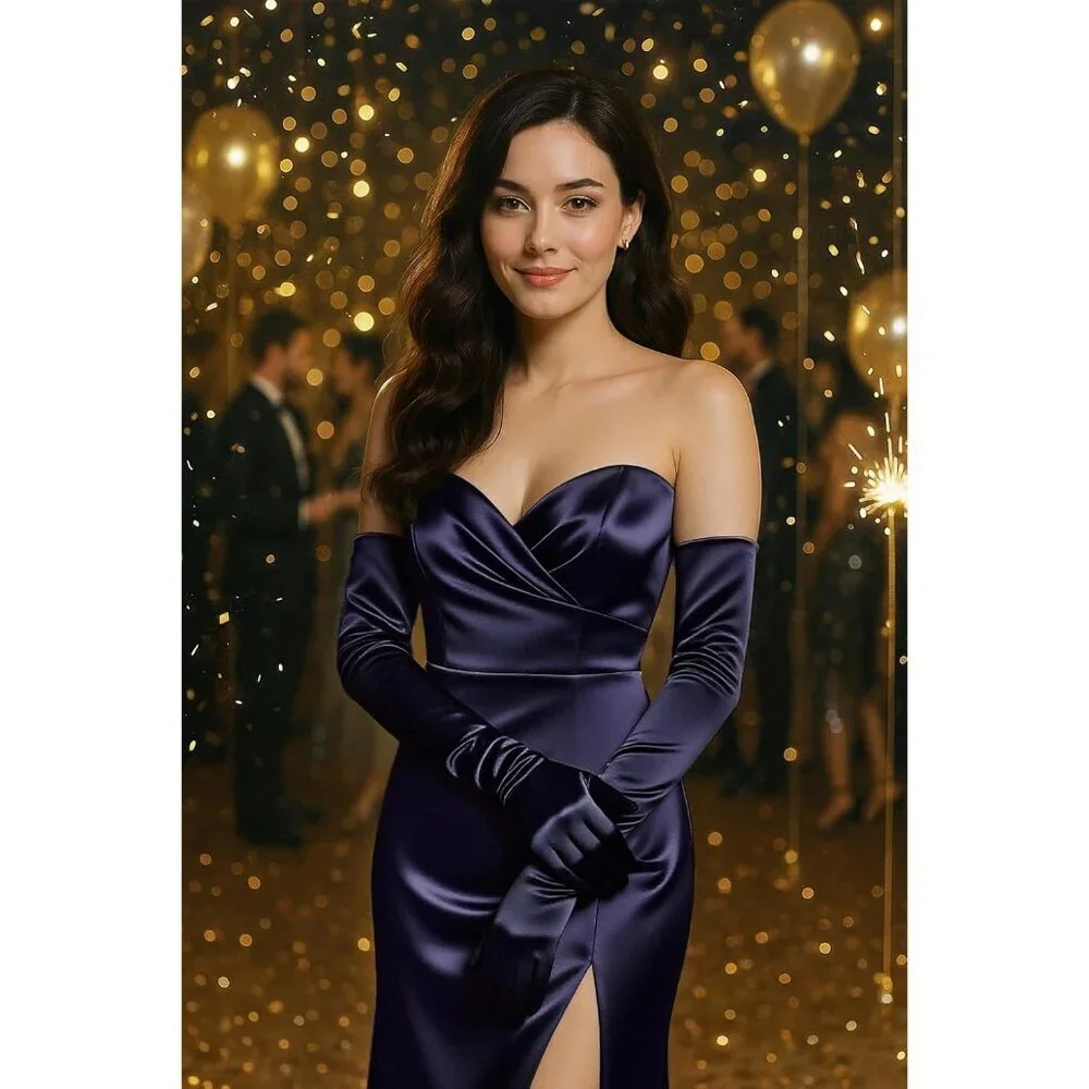 Women's Long Satin Gloves Navy Blue Stretchy Upper Arm Length Costume Design